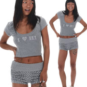 Rhinestone-studded Polka Dot Crew Neck Short-sleeved Base Layer Top And Shorts