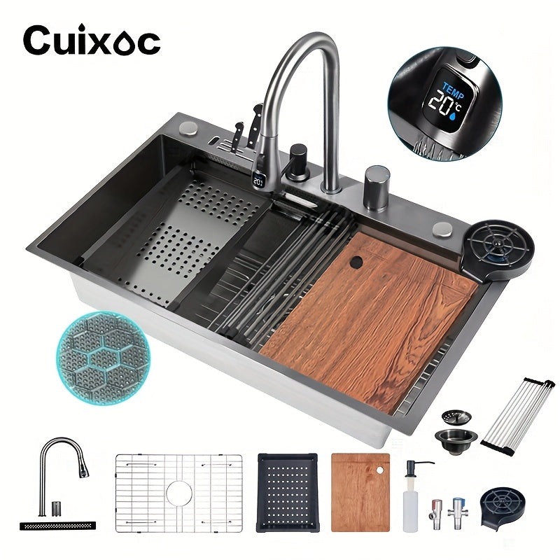 Stainless Steel Smart Waterfall Kitchen Sink with Pull-Down Faucet