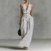 Button-front Sleeveless Shirt High-waisted Wide-leg Slim-fit Jumpsuit