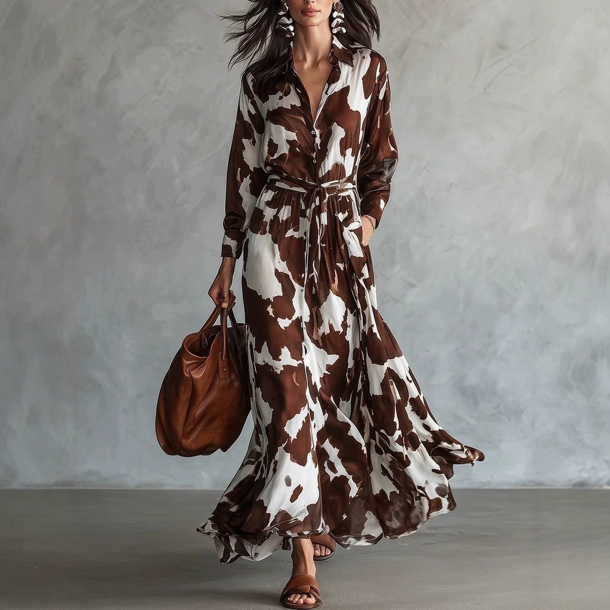 Chic Cow Print Long Sleeve Maxi Dress with Cinch Waist