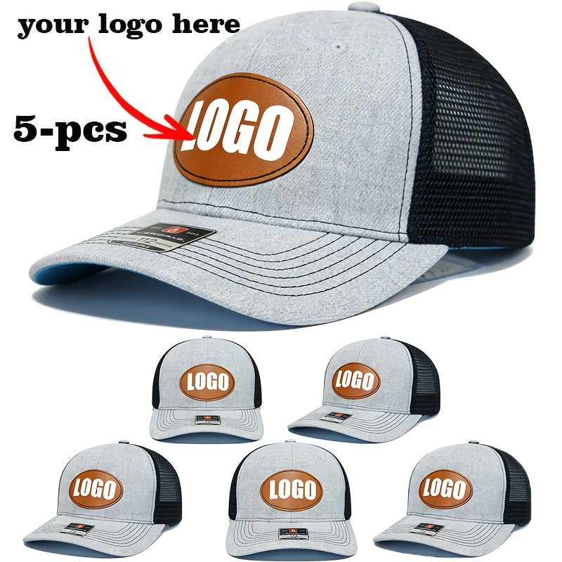 Set of 5 Tan Mesh Baseball Caps with Oval Logo – Snap‑Back Adjustable, 100% Polyester