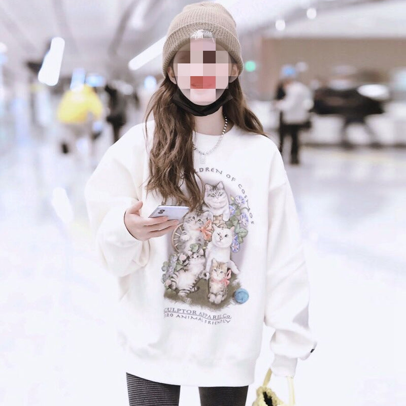 Cute Cartoon Round Neck Loose Mid-Length Cotton Sweater