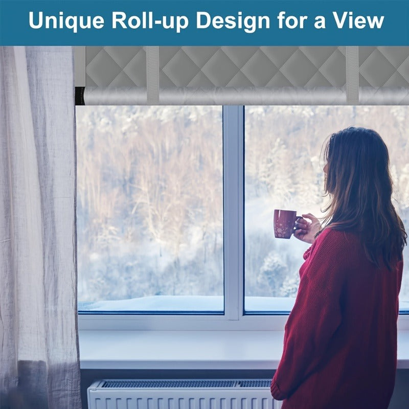 Thick Diamond Quilted Thermal Insulated Door Curtain, Windproof Cold Block Door Drape with Roll Up Buckle, Punch & Adhesive 2 Installation Ways Energy Saving Door Cover for Home Balcony Courtyard Gara
