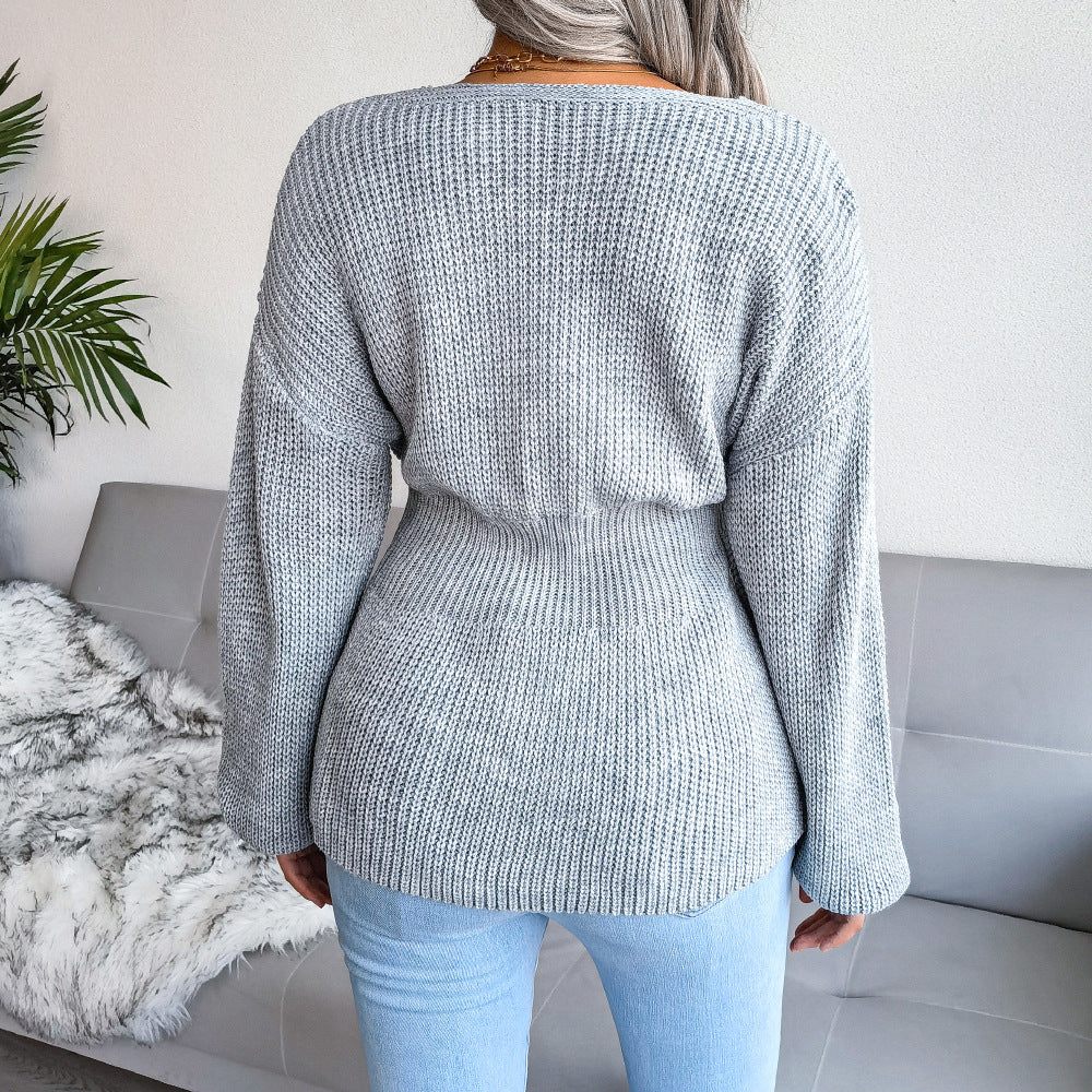 Women's Lantern Sleeve Waist-defined Hem Ruffle Knitted Sweater