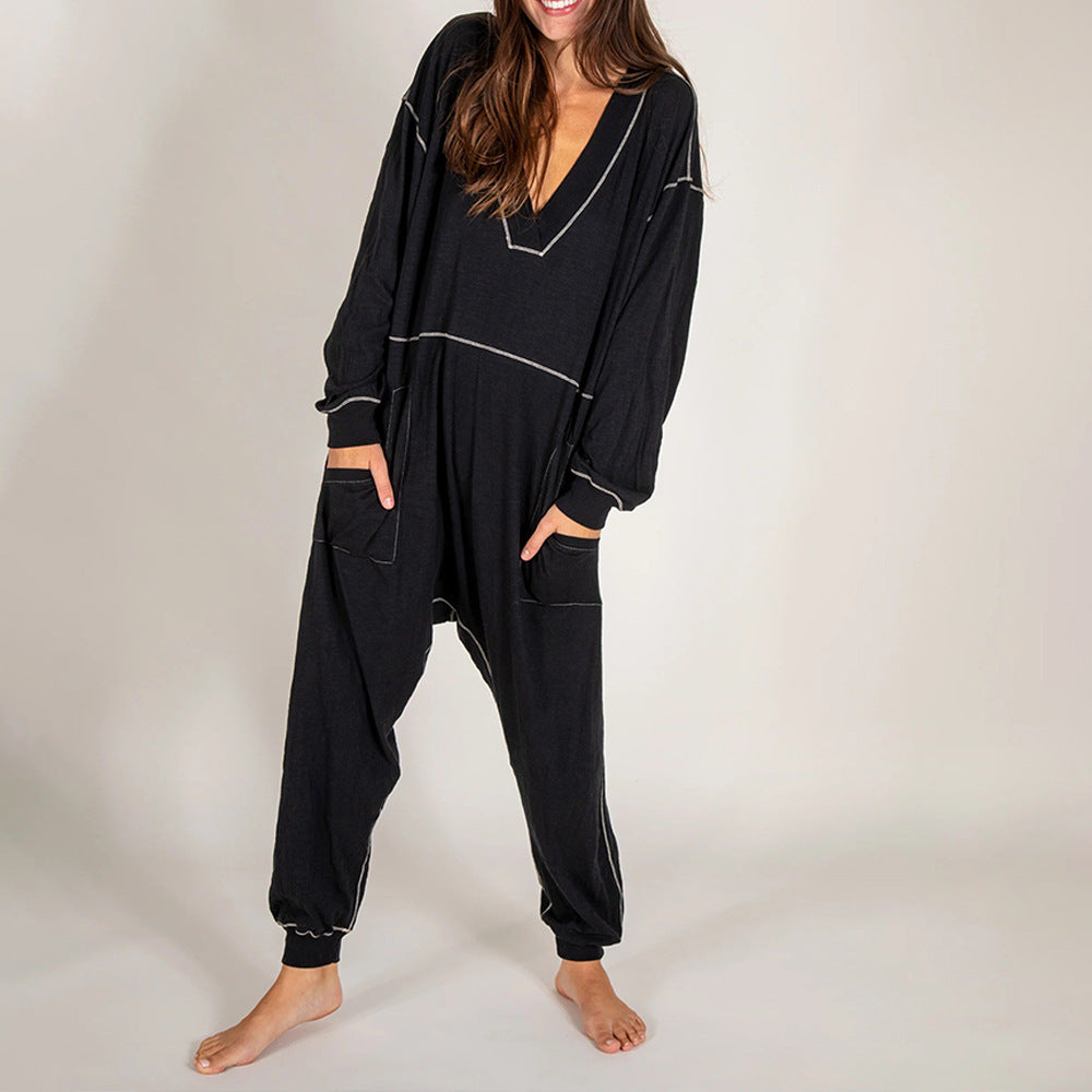 European And American Solid Color Fashion V-neck Long Sleeve Casual Loose Jumpsuit
