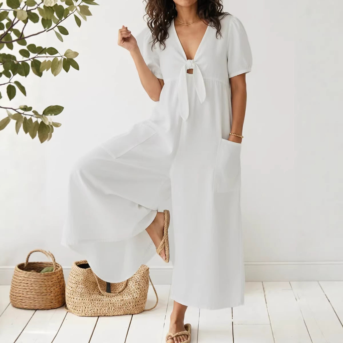 Womens Short-Sleeve V-Neck Denim Jumpsuit