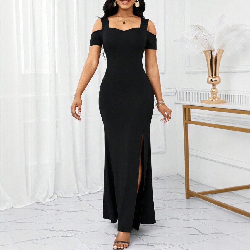 Black Off-shoulder Slit-fit Dress