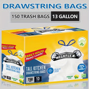Boxed Disposable Non Tear Garbage Bag 150 Pieces Puncture Tear Resistant Trash Bags, 13 Gallon Capacity, ODOR ELIMINATORTECHNOLOGY Kitchen Drawstring Garbage Bags Fresh Clean Scent With Lemon Mint ...