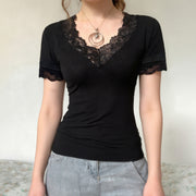 Fashionable V-Neck Lace-Patchwork Slim-Fit Short-Sleeve T-Shirt