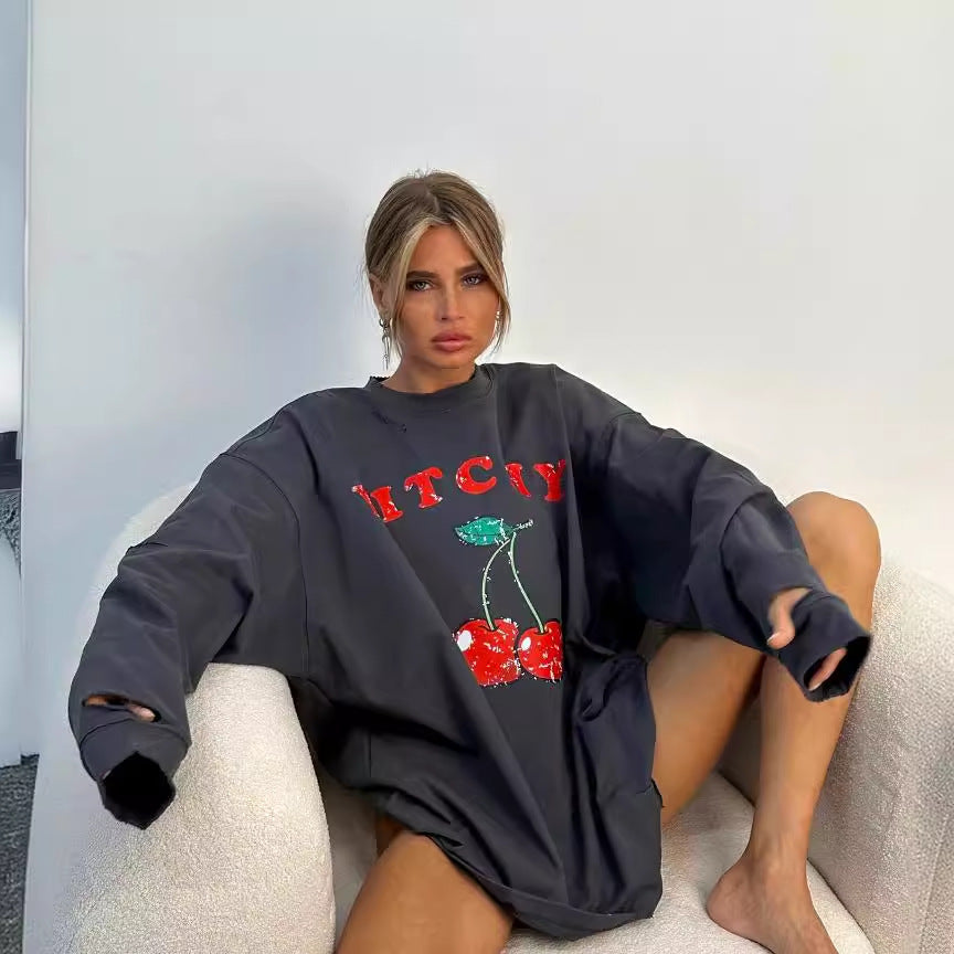 Cute Cherry Print Loose Casual Women's Sweatshirt