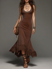 Retro Shiny Knitted Vest Maxi Dress with Lace Trim