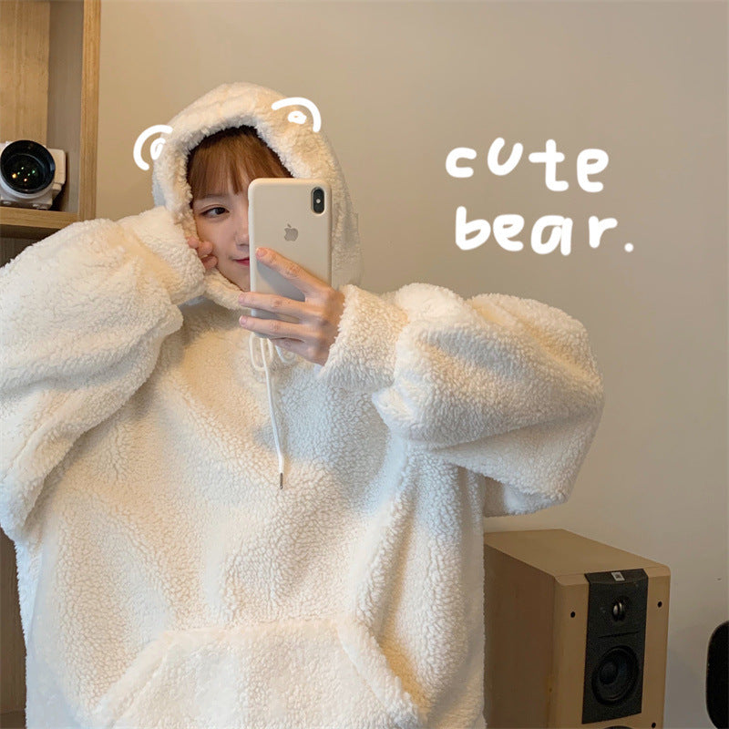 Women's Plus Size Plush Lambswool Hooded Sweater