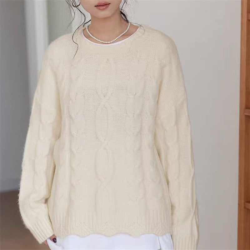 Retro Chunky Knit Cable Patterned Thickened Loose Fitting Short Solid Color Sweater
