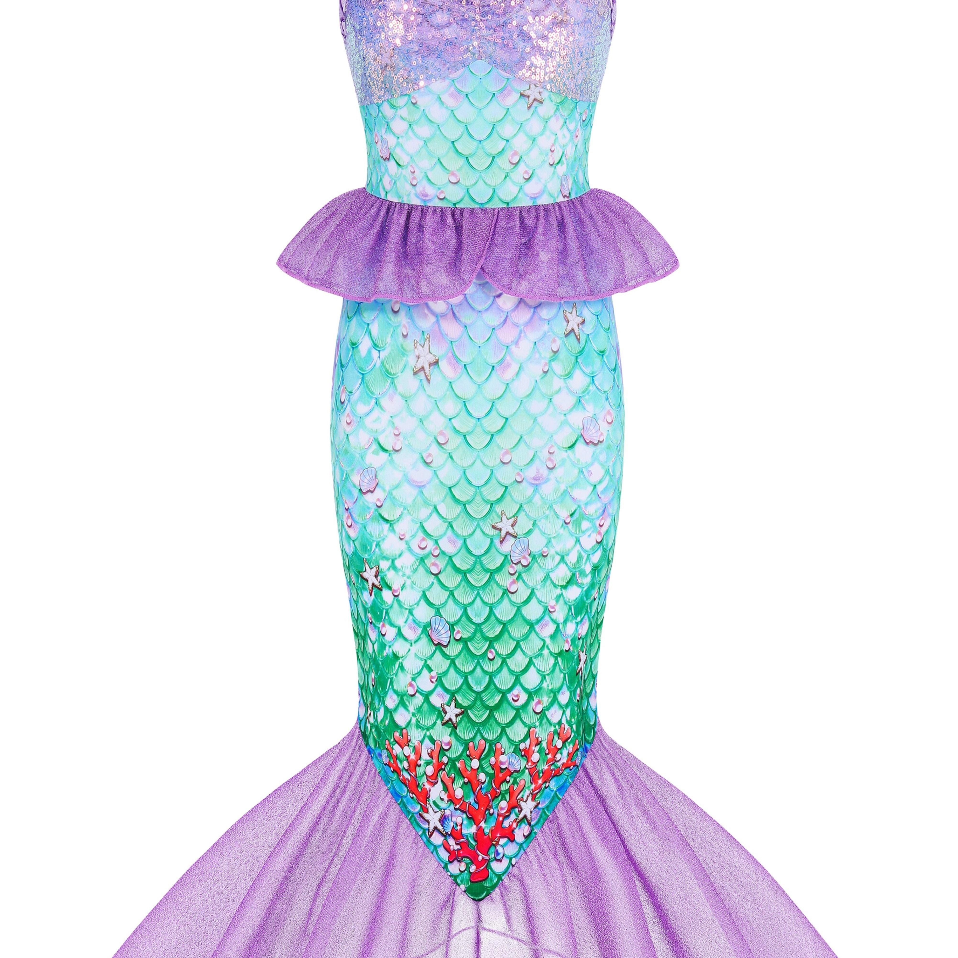 Girls Mermaid Dress with 3D Tail and Ruffled Skirt