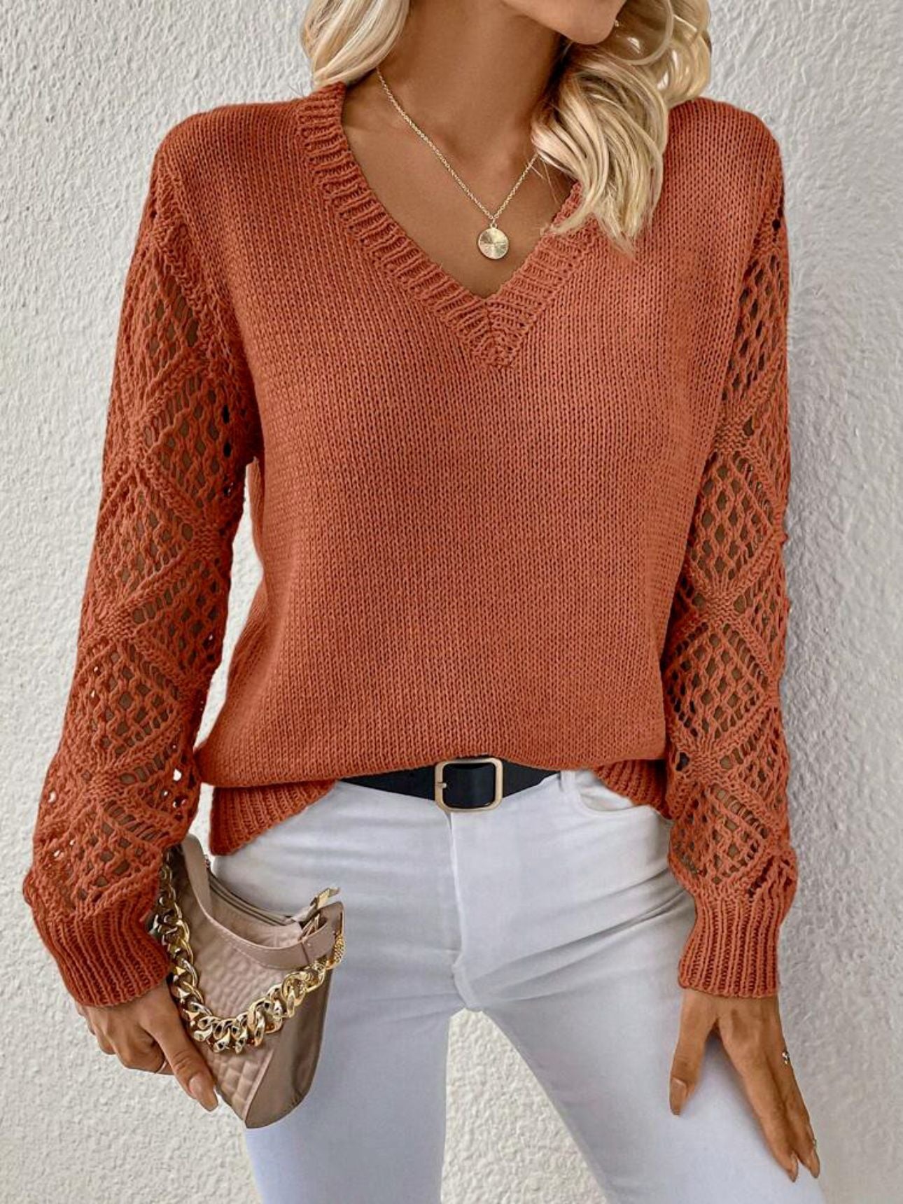 Women's Hollow V-Neck Long Sleeve Pullover Fashion Sweater