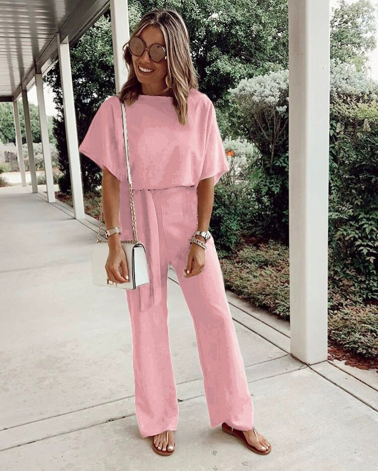 Women's Loose Casual Short-sleeved Lace-up Jumpsuit