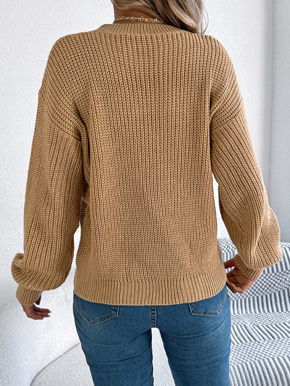 Women Casual Solid Color V-neck Hollow Out Lantern Sleeve Pullover Sweater
