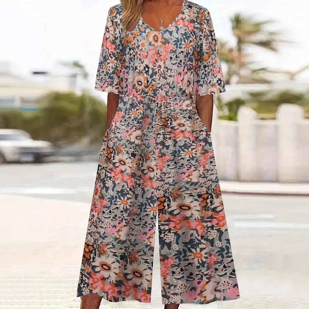 Womens Plus-Size Elegant Printed Sleeveless Jumpsuit