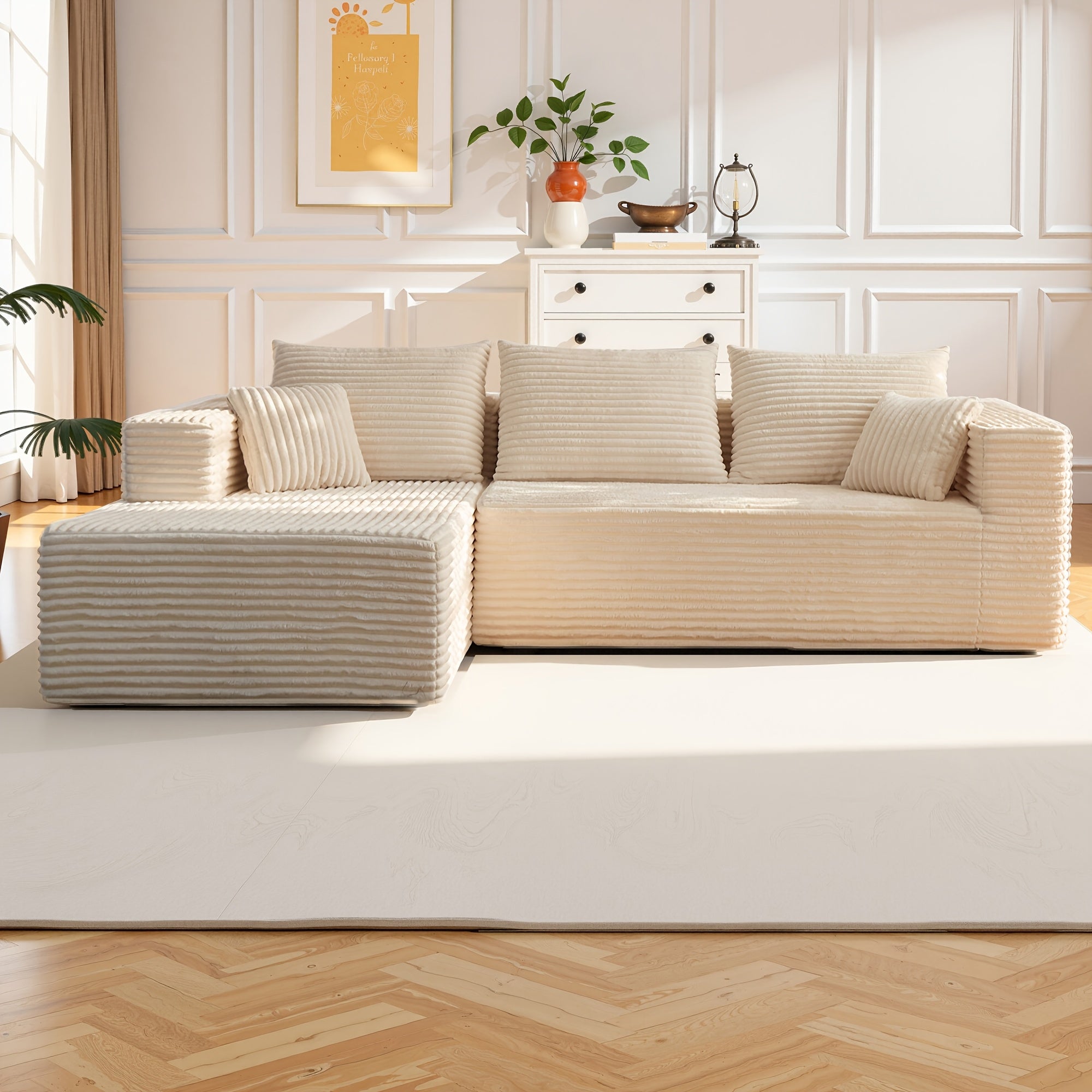 Modular L-shaped chaise longue sofa bed with deep seat and corduroy upholstery