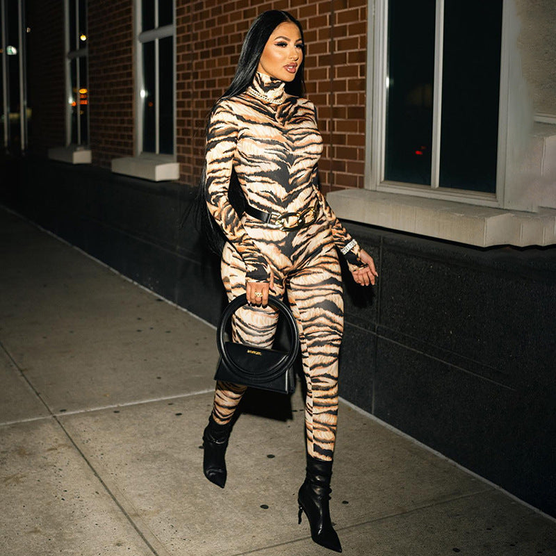 Women's Tiger Print Turtleneck Bodycon Jumpsuit
