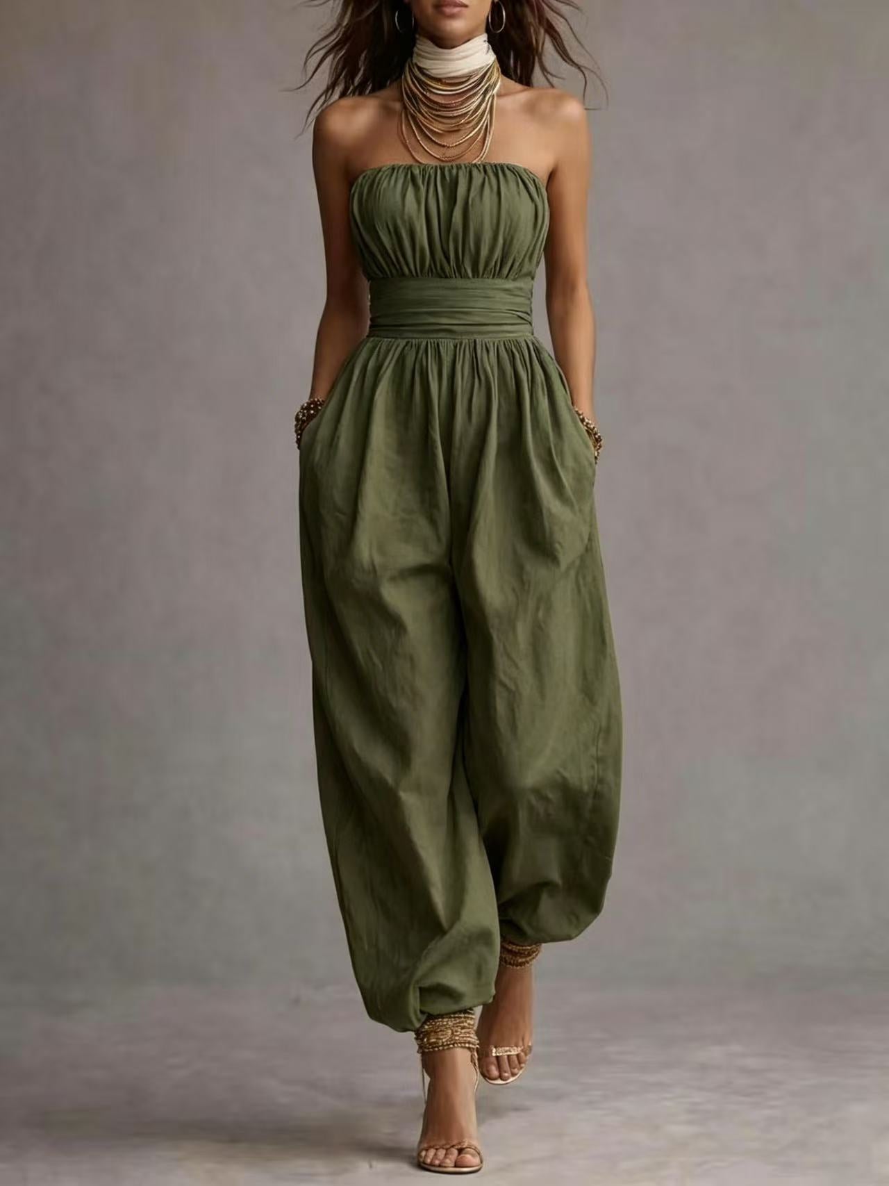 Linen-cotton Strapless Balloon-leg Jumpsuit
