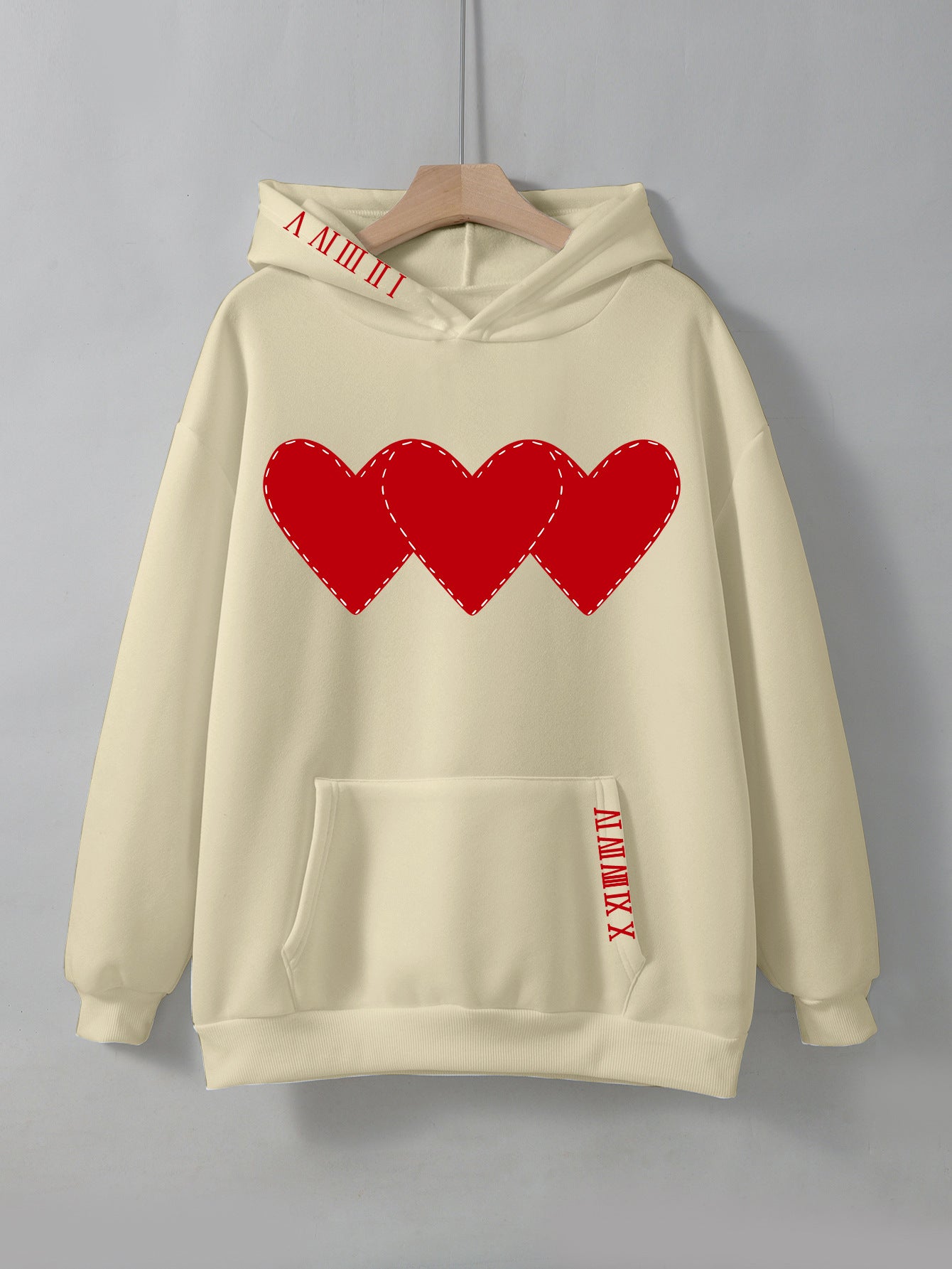 Women's Heart Print Brushed Fleece Drawstring Hoodie