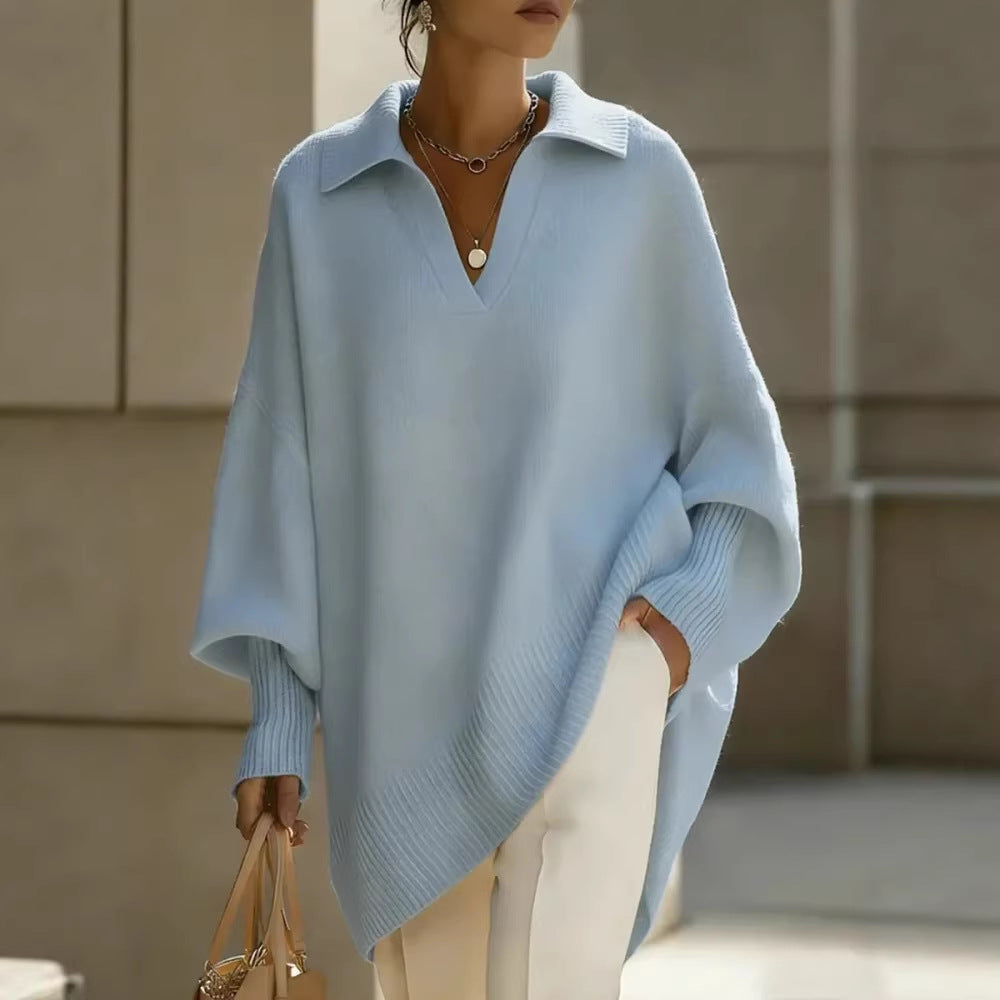 Lapel-collar Loose-fit Solid-color Sweater with Lantern Sleeves