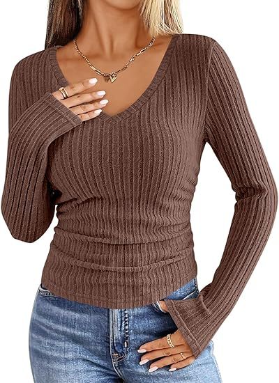 Versatile Solid-color V-neck Fashion Slim-fit Long-sleeve Ribbed Sweater