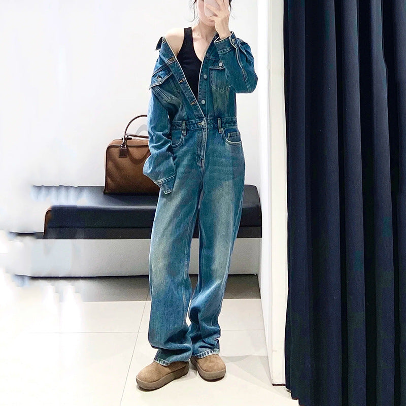Vintage Washed Cotton High-Waist Straight-Leg Jumpsuit