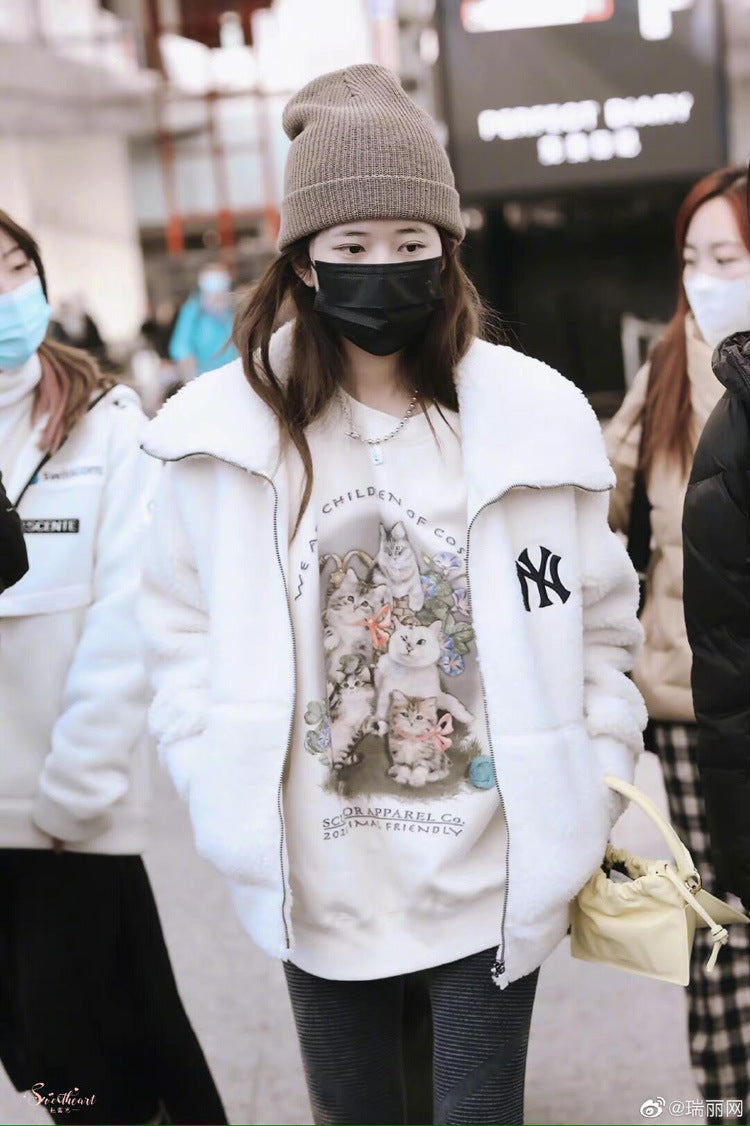 Cute Cartoon Round Neck Loose Mid-Length Cotton Sweater
