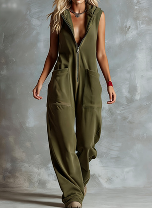 Casual Hooded Loose Wide-Leg Pocket Jumpsuit