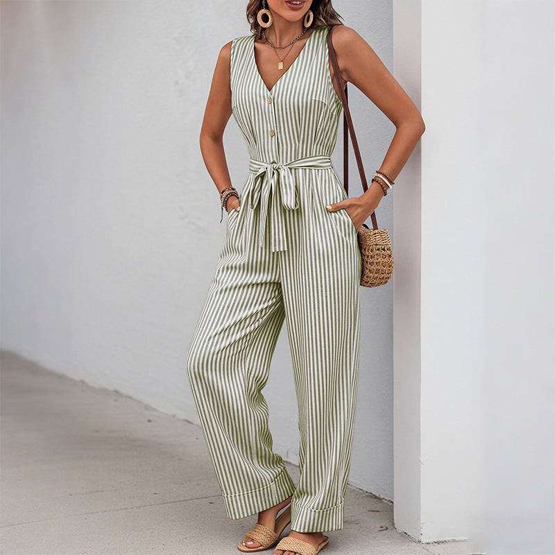 Women's Casual Striped Wide-Leg Jumpsuit