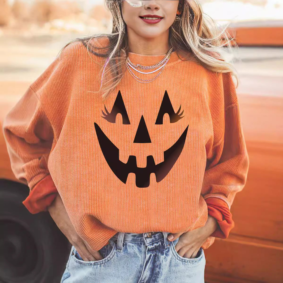 Women's Halloween Pumpkin Graphic Loose Round Neck Pullover Sweater
