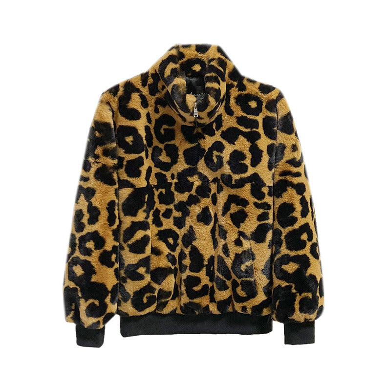 Leopard Print Faux Fur Stitching Women's Winter Sweater