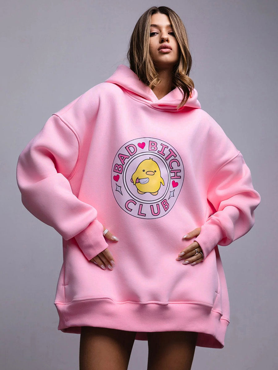 Cute Yellow Duck Print Oversized Cotton Hoodie
