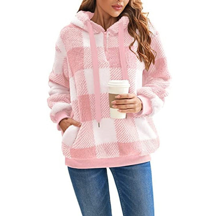 Plush Zip-Up Hooded Sweatshirt with Pockets
