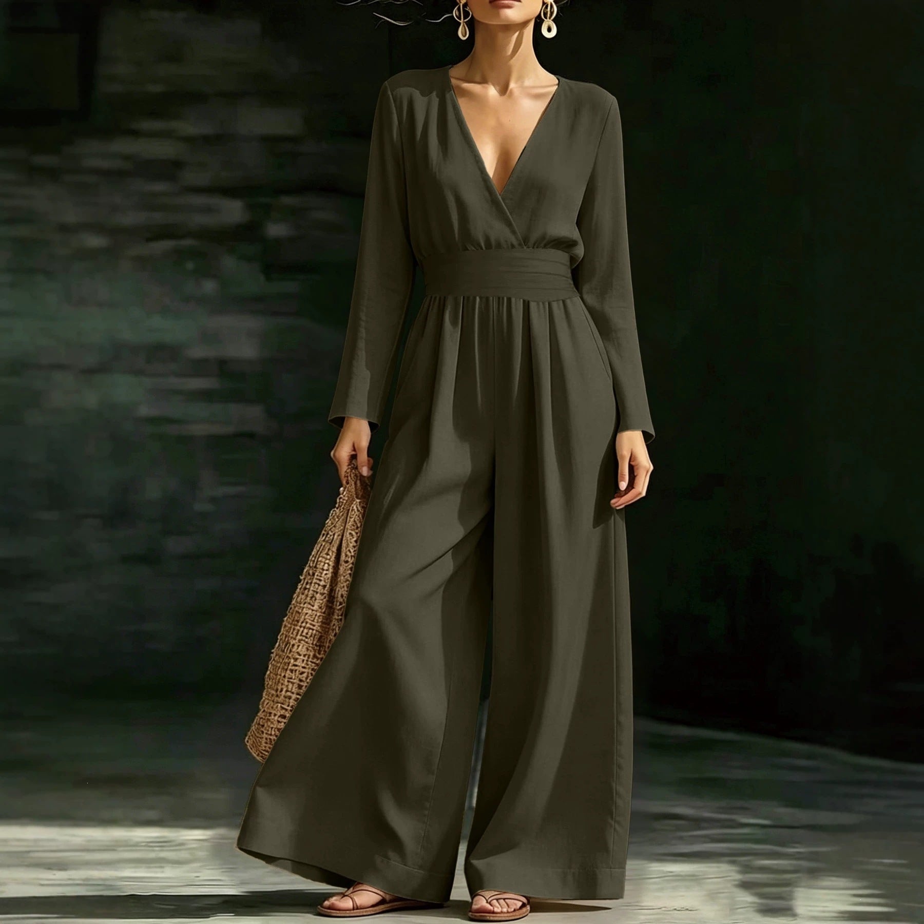 Elegant Long-Sleeve V-Neck Knit Jumpsuit for Women