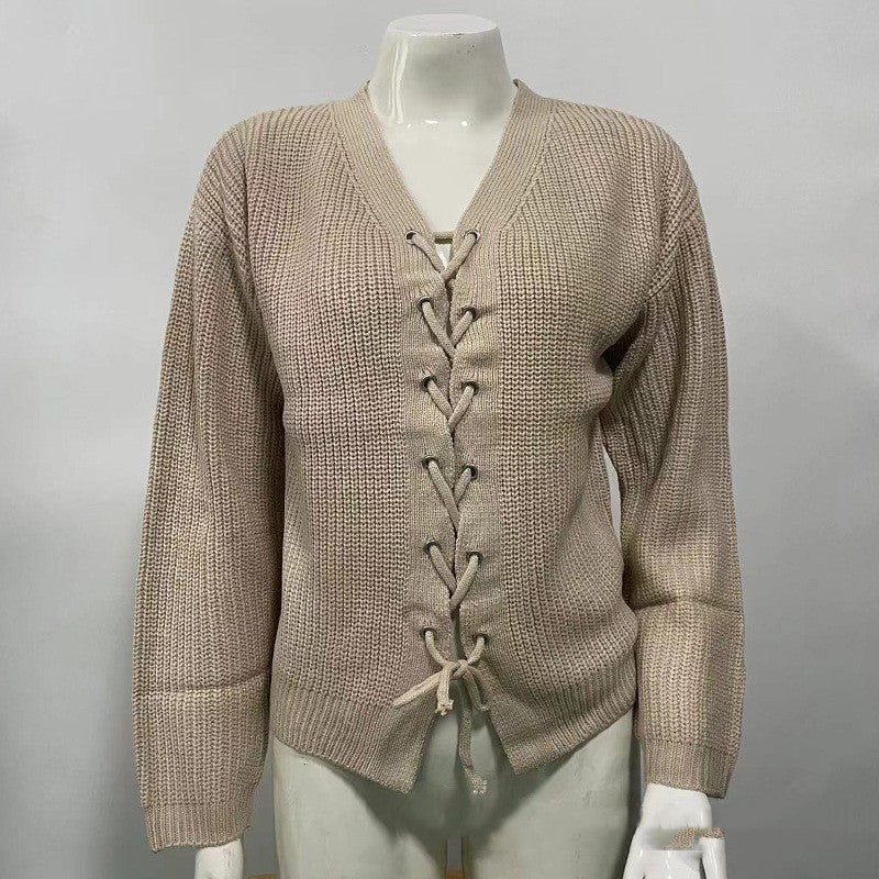 Solid Color and V-neck Hollow Out Tied Knitted Sweater
