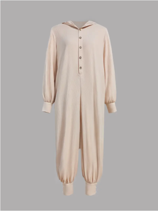 Women's Casual Beige Hooded Jumpsuit with Long Sleeves