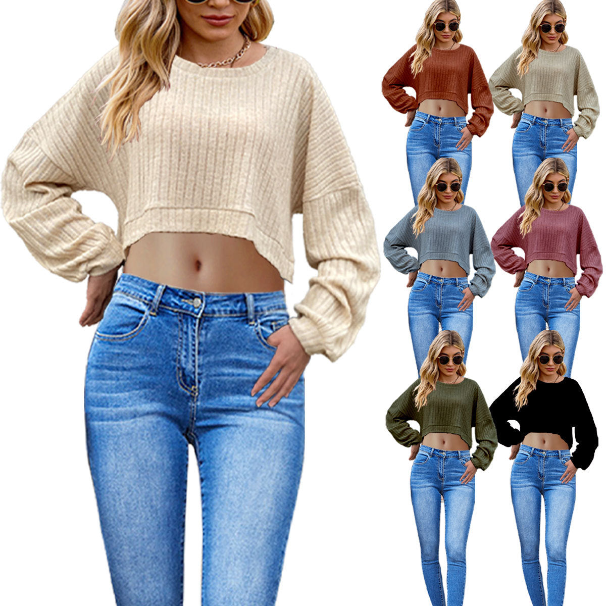 Chic Stripe Knitted Crop Top with Long Batwing Sleeves