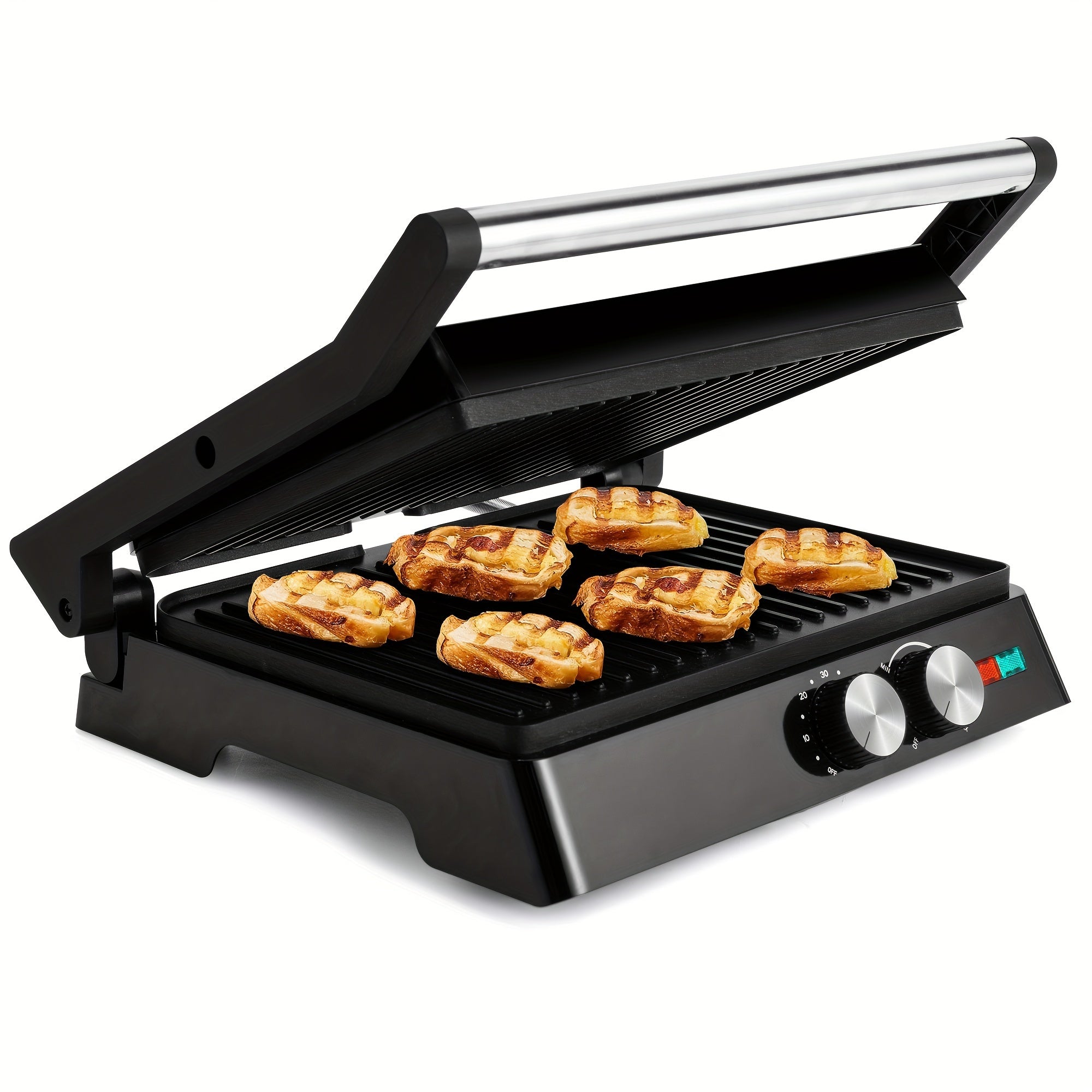 3-in-1 Electric Indoor Grill - Panini Press with Non-Stick Cooking Plates, Opens 180-Degree Gourmet Sandwich Maker, Floating Hinge Fits All Foods, Panini Press Grill with Grease Tray