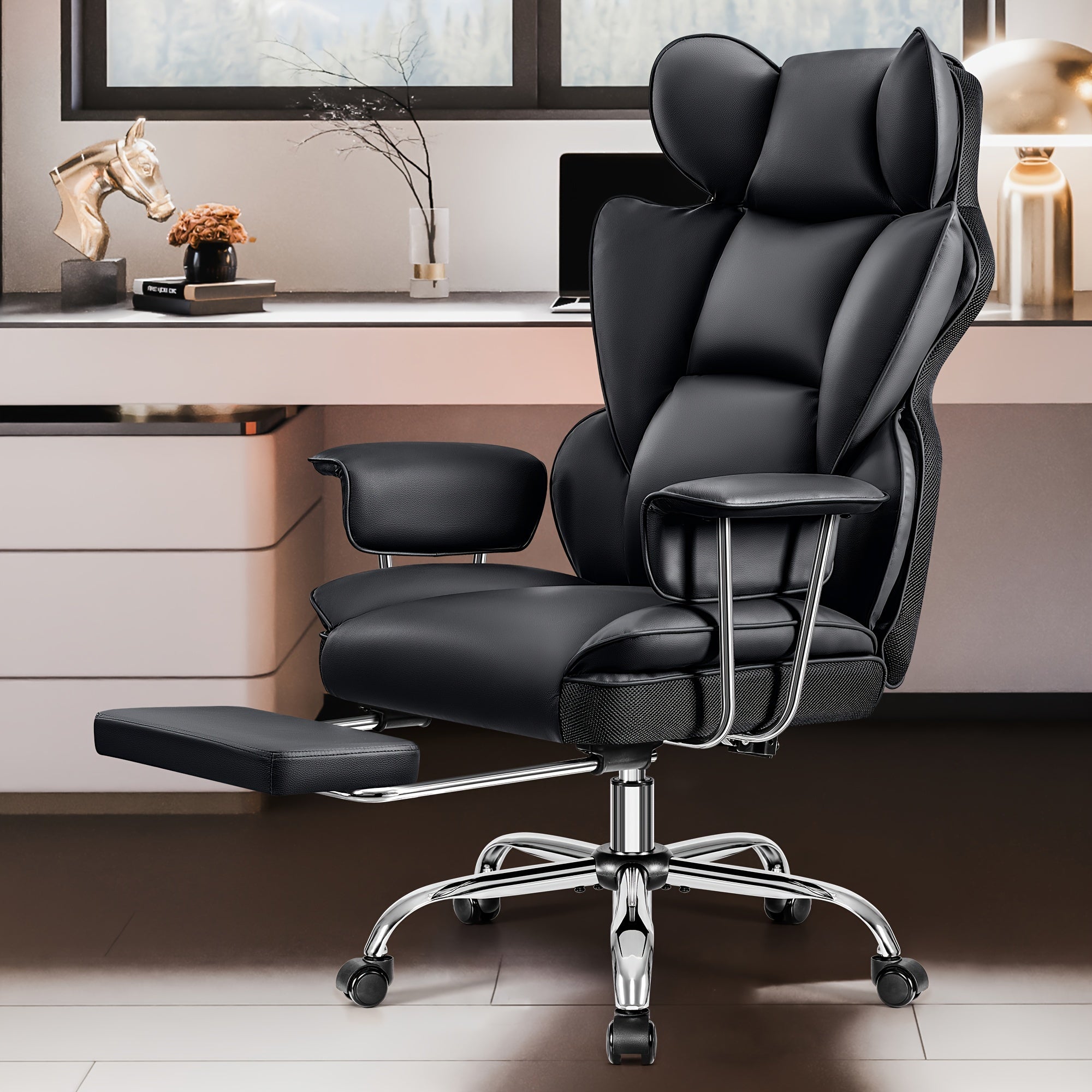Premium Ergonomic Executive Leather Office Chair for Larger Individuals – High Back with Enhanced Lumbar Support and Built‑In Footrest