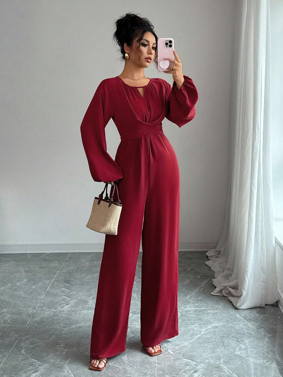 Elegant Square Neck Wide-Leg Jumpsuit with Puffed Sleeves