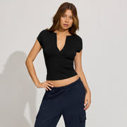 Slim-Fit Deep V‑Neck Button‑Down Top – Solid Colors