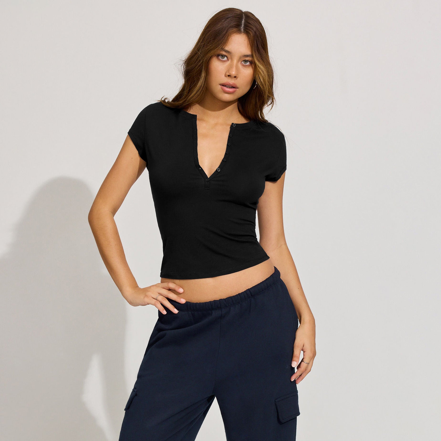 Slim-Fit Deep V‑Neck Button‑Down Top – Solid Colors