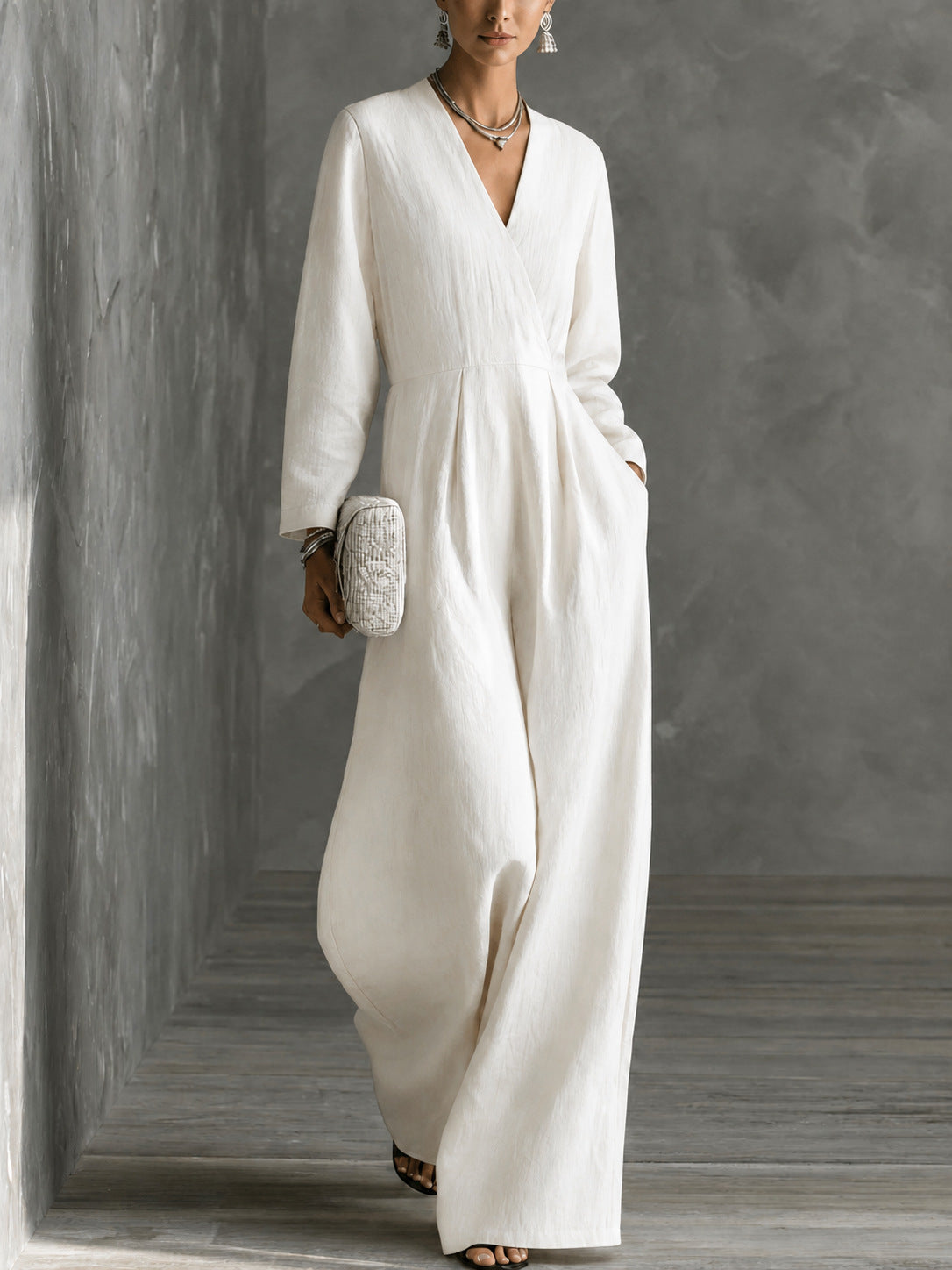 Chic V-Neck Long-Sleeve Wide-Leg Jumpsuit