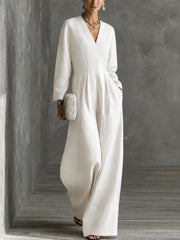 Chic V-Neck Long-Sleeve Wide-Leg Jumpsuit