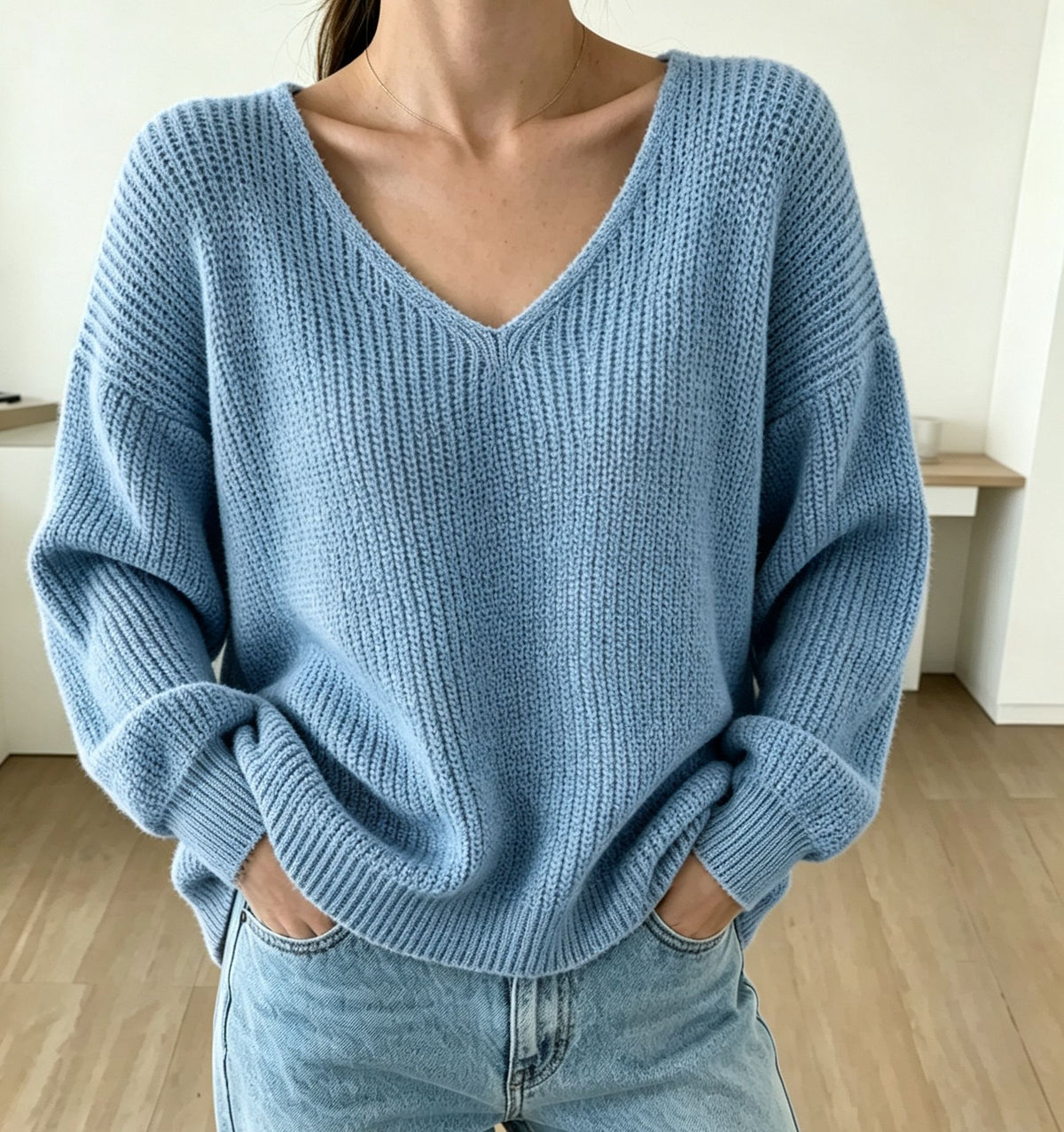 Thickened Long-sleeved Loose-fit V-neck Pullover Sweater for Women