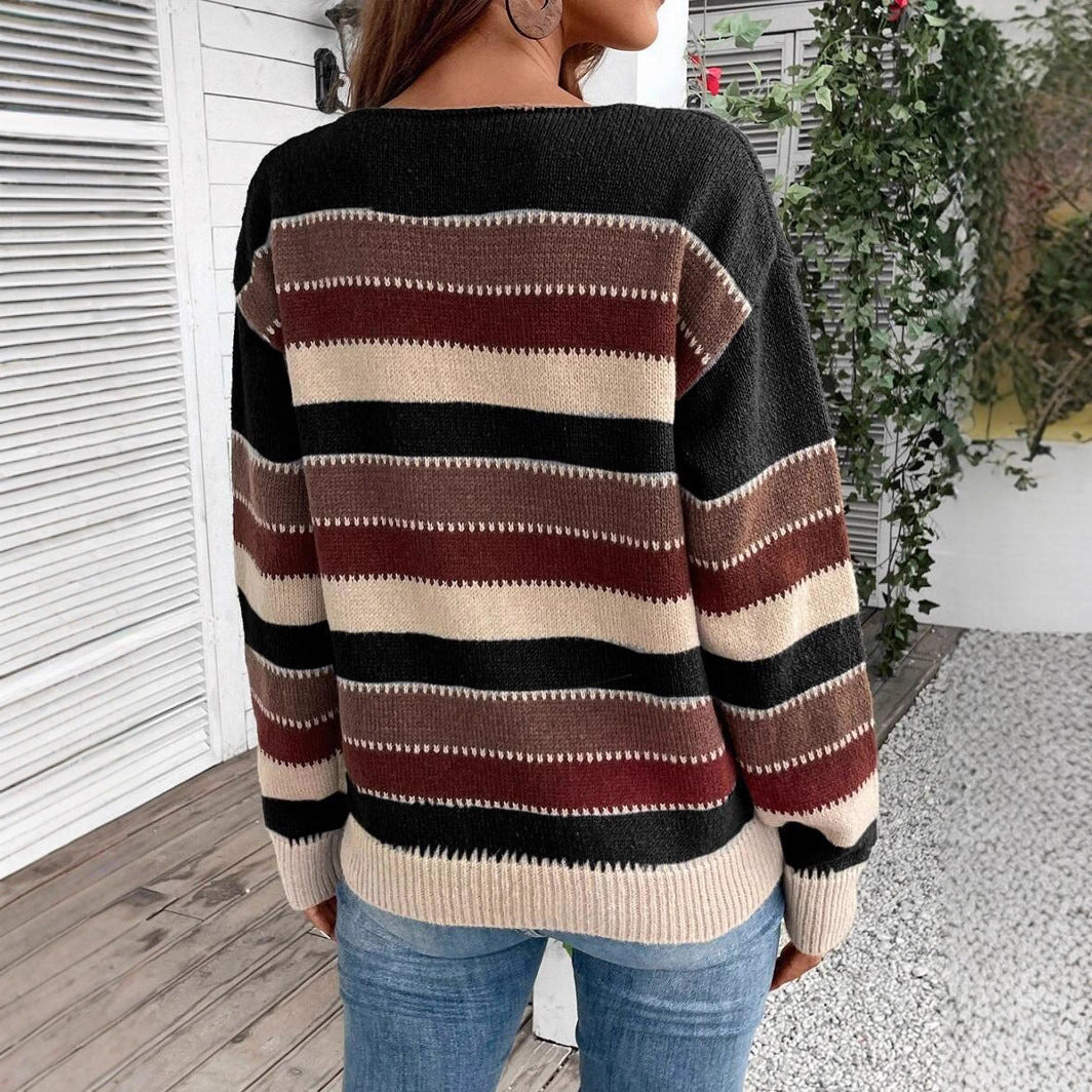Ins Colorblock Striped Pullover Sweater Fashion Casual Long Sleeve Top Autumn and Winter Women's Clothing
