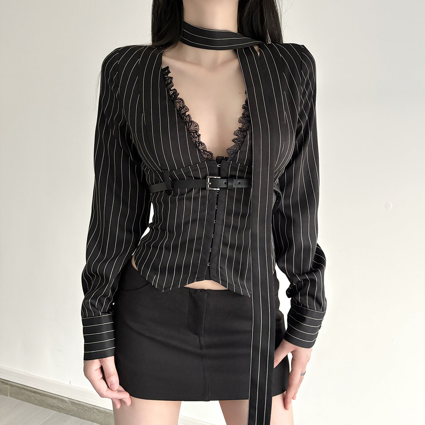 V-neck Sexy Sassy Lace-panel Striped Blouse